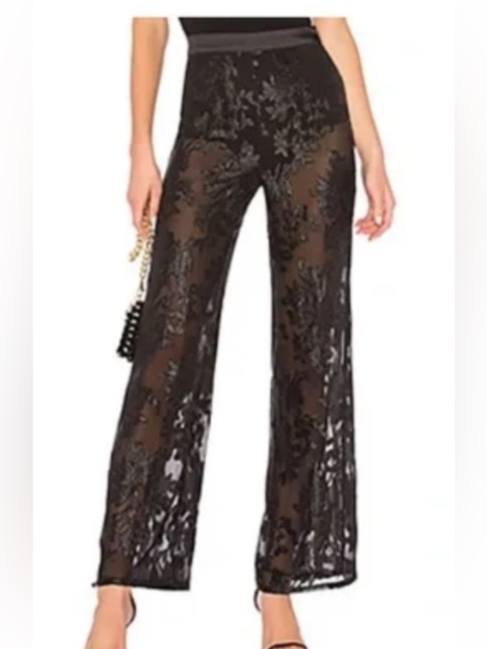 NWOT LPA Black Sheer Embroidered Wide-Leg Pants